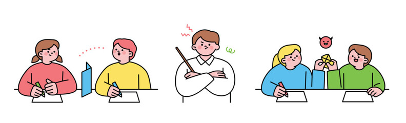 Education. Students studying hard and taking exams. Students cheating with test proctor.