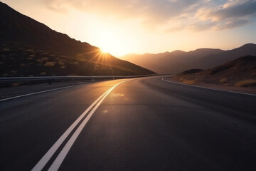 Fototapeta premium Curvy asphalt road in high mountains with dramatic light at sunset, made with Generative AI