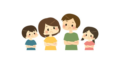 腕組みをして困った顔をしている家族のイラスト