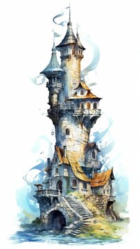 A medieval fantasy tower in an illustrated hand-drawn style, children's story book image, fairy tales, isolated on white, generative ai
