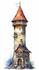 A medieval fantasy tower in an illustrated hand-drawn style, children's story book image, fairy tales, isolated on white, generative ai
