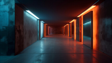 Futuristic empty concrete corridor with blue and orange glowing neon lights. Generative ai illustration