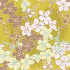 Cherry seamless pattern. Vintage hand drawn vector illustration in sketch style. Doodle cherry and abstract elements. Japanese cherry blossom.