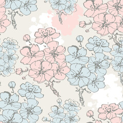 Cherry seamless pattern. Vintage hand drawn vector illustration in sketch style. Doodle cherry and abstract elements. Japanese cherry blossom.