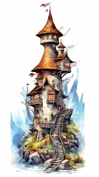 A medieval fantasy tower in an illustrated hand-drawn style, children's story book image, fairy tales, isolated on white, generative ai
