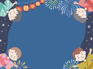 かわいい浴衣姿の子供たちのフレーム　夏祭り　夜空　提灯