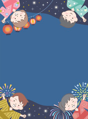 Obraz na płótnie Canvas かわいい浴衣姿の子供たちのフレーム　夏祭り　夜空　提灯