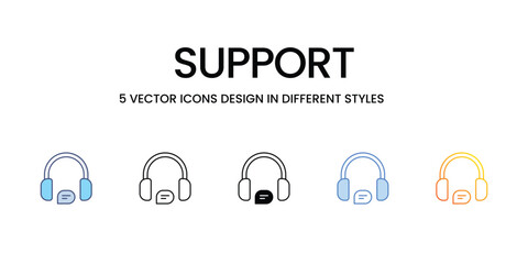 Support Icon Design in Five style with Editable Stroke. Line, Solid, Flat Line, Duo Tone Color, and Color Gradient Line. Suitable for Web Page, Mobile App, UI, UX and GUI design.