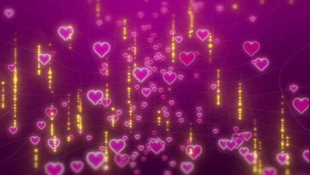 Heart, emoji and falling on neon background of animation for love, valentines day or graphic pattern. Geometric hearts or loving icons floating for romance, dating or glowing shapes with pink effect