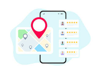 Local SEO for small businesses. Local seo marketing based on customer ratings and reviews. Listings with maps, red pins, star ratings for nearby places. Vector illustration isolated white background