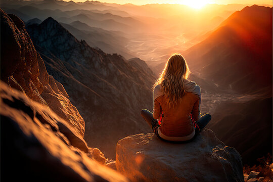 person sitting on a rock at sunset, woman performing yoga poses in the mountains at sunset, image created with ai
