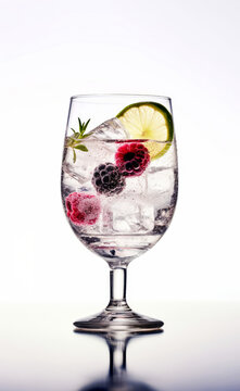 red berries and citrus in Gin and tonic drink cocktail on white background created with Generative AI technology