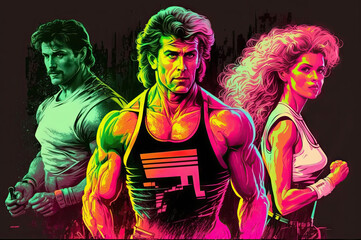 80s 90s retro style people ready to exercise created with Generative AI technology