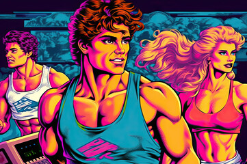 80s 90s retro style people ready to exercise created with Generative AI technology