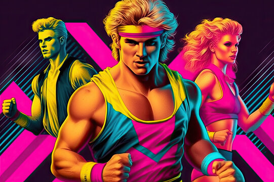 80s 90s retro style people ready to exercise created with Generative AI technology