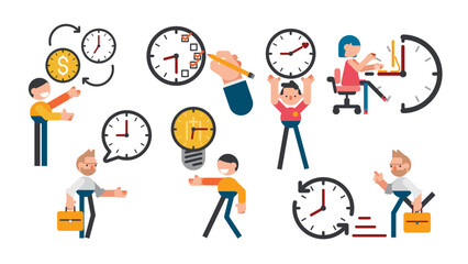 Decorative set of flat time management icons with working people vector illustration