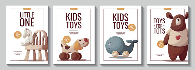 Set of flyers with teddy bear, plush bunny, wooden whale and dog. Children's toys, kid's shop, playing, childhood concept. A4 Vector Illustration for poster, banner, flyer, advertising.