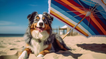 Australian Shepherd Dog lying on a beach under an umbrella on a hot sunny day