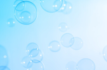 Beautiful Blurred Transparent Blue Soap Bubbles. Abstract Background. Defocused White Space. Celebration Festive Backdrop. Freshness Soap Suds Bubbles Water	

