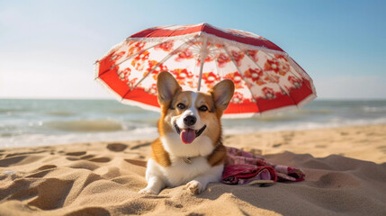 Corgi Dog lying on a beach under an umbrella on a hot sunny day