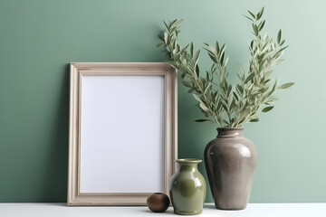 Blank canvas mockup wooden frame, boho style, modern interior design, home decoration, plant, vase, flower, lamp, furniture, art mockup