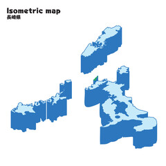 アイソメトリック、立体的な長崎県の地図、県庁所在地、都道府県単位の地図のイラスト
