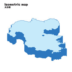 Fototapeta premium アイソメトリック、立体的な大分県の地図、県庁所在地、都道府県単位の地図のイラスト
