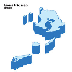 アイソメトリック、立体的な鹿児島県の地図、県庁所在地、都道府県単位の地図のイラスト