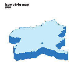 アイソメトリック、立体的な群馬県の地図、県庁所在地、都道府県単位の地図のイラスト