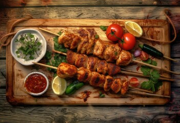 Chicken skewers with vegetables and sauce appetizer. Generative AI