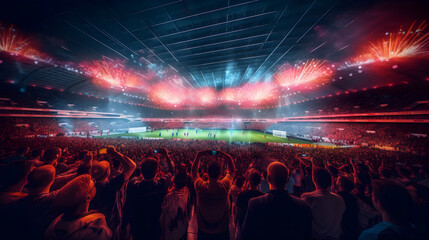 Fototapeta na wymiar View inside soccer stadium with Fans on stadium game and audiences people celebration with sportlight colorful lighting background, Generative AI.