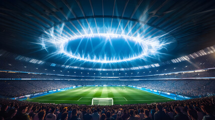 View inside soccer stadium with Fans on stadium game and audiences people celebration with sportlight colorful lighting background, Generative AI.