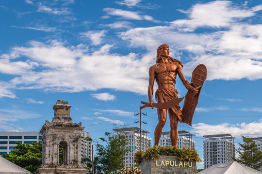 May 5, 2023: Lapulapu statue at Mactan Shrine in Mactan island, Cebu, Philippines. It was erected to honor the first Filipino hero, Rajah   Lapu Lapu, who stood up against the Spanish colonizers.