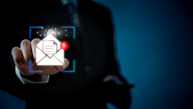 male hand presses icon email envelopes virtual hologram. Business newsletter for electronic mail or E-mail with notification alert marketing concept
