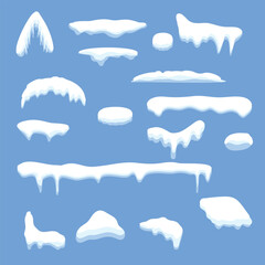 Flat snow cap collection and melting snow. Vector set winter season