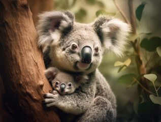 A mother koala with her baby in the forest