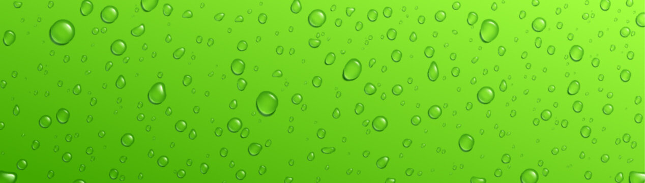 Green background fresh rain water drop vector texture. Cold droplet on summer fruit juice or soda for refreshing. Mojito cocktail abstract surface condensation pattern. Shower macro illustration