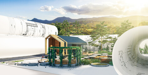 Planung eines Ferien-/Wochenendhauses in moderner Scheunen-Architektur und Gartengestaltung (sonnige Mittelgebirgslandschaft im Hintergrund) - 3D Visualisierung
