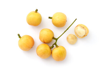Burmese grape(Baccaurea ramiflora) isolated on white background , top view , flat lay.