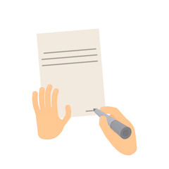Write with a pen. Signing the contract by hand on white paper, vector illustration