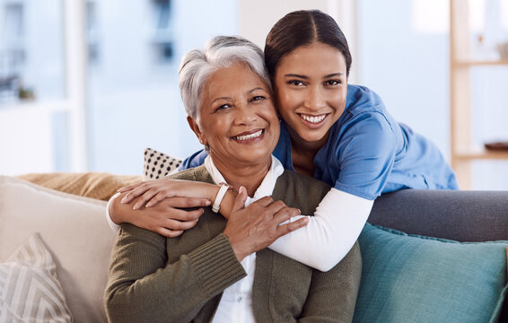 Portrait, smile and nurse hug old woman in retirement house, bonding and medical care. Face, hugging and elderly person with caregiver in nursing home on living room sofa for health, support or help.