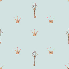 seamless watercolor pattern vintage keys and princess crown on a mint background. cute beautiful pattern with the image of a key and a crown on a black background for princesses. enjoy