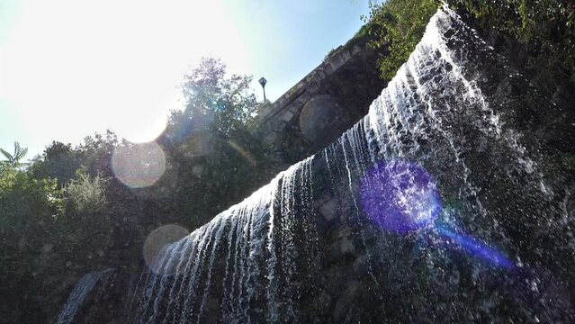 Gellert Hill Waterfall At The Entrance To Citadel On Gellert Hill In Budapest, Hungary. - low angle, slow motion
