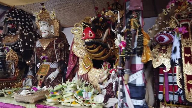 Barong Displayed, Mystical Creature Balinese Hinduism Temple Religious Ceremony with Colorful Flower Offerings