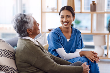 Healthcare, happy and a nurse talking to an old woman in a nursing home during a visit or checkup. Medical, smile and a female medicine professional having a conversation with a senior resident - obrazy, fototapety, plakaty