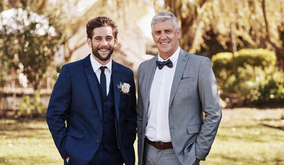Groom, wedding and portrait of a man and dad outdoor with a smile and happiness in nature. Happy men together in a garden for a formal event or celebration with elegant clothes, suit and family