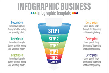 Infographic funnel block chart concept for slide presentation with six 6 Steps, six 6 option, Six 6 point list and funnels shape pyramid cone direction