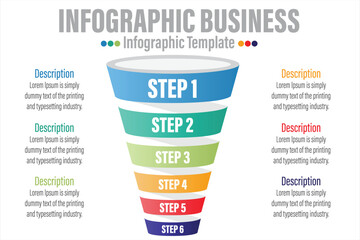 Infographic funnel block chart concept for slide presentation with six 6 Steps, six 6 option, Six 6 point list and funnels shape pyramid cone direction