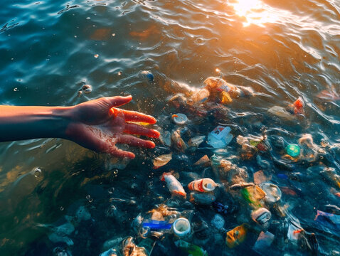 Collecting plastic and rubish on the beach and the sea, Generative AI