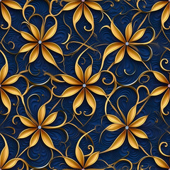 Fototapeta premium Tile pattern of mexican Joyeria de filigrana golden flowers over blue